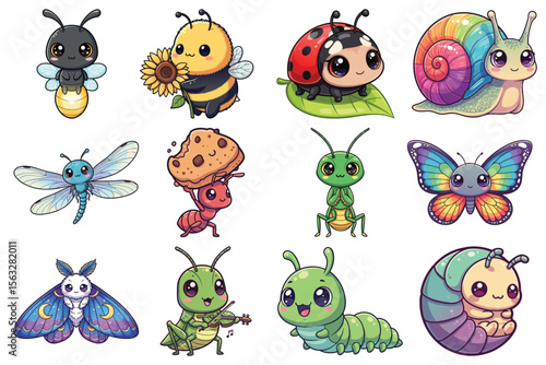 Cute cartoon insects collection vector illustration colorful adorable characters