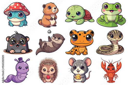 Cute animal cartoon characters vector illustration colorful collection woodland river friends