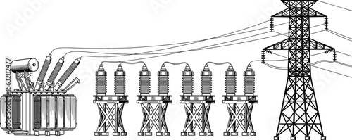 High voltage transformer with power line connections, electricity transmission substation structure, energy distribution system illustration, electric grid components, vector drawing