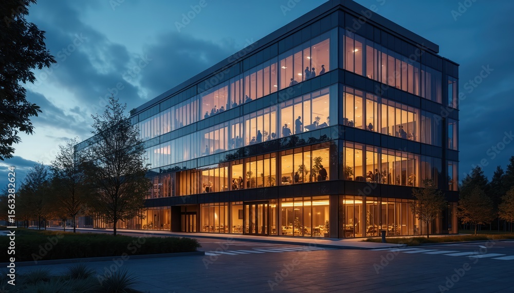 Modern office building at dusk. Exterior view with many windows and glass facade reflects warm interior lights. People working in offices. Corporate building at night in a city. Modern office building at dusk. Exterior view with many windows and glass facade reflects warm interior lights. People working in offices. Corporate building at night in a city.