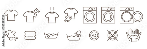 Dryer, washing machine, clean and dirty shirt isolated on transparent background. Lingerie line icons. Self-service laundry, hand washing, laundry service, linear set. Editable Stroke.