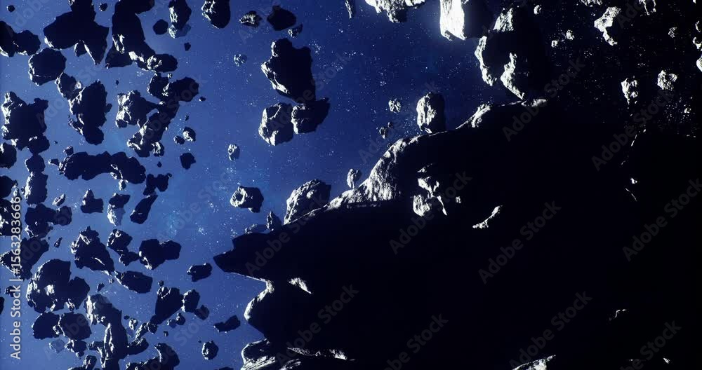 Numerous asteroids float in the darkness of space, illuminated by distant starlight. Their irregular shapes and varying sizes create a stunning cosmic panorama in this region of the universe.
