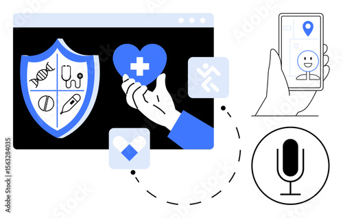 Shield with medical icons, hand holding heart, fitness app, smartphone with user map, microphone. Ideal for health, telemedicine, insurance, diagnostics fitness technology simple landing page