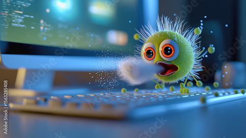 Cute animated virus character sneezing near a computer keyboard