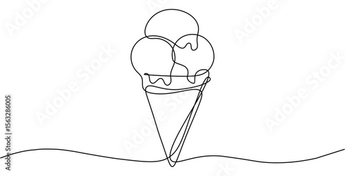 One continuous line drawing of Ice cream cone isolated on transparent background. Editable stroke. Hand drawn vector illustration 