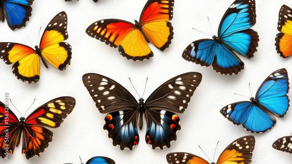 A group of colorful butterflies sit on a white surface, their delicate wings spread open A group of colorful butterflies sit on a white surface, their delicate wings spread open