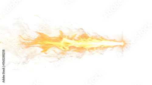 Powerful horizontal flame burst directed left with intense pressure and sparks. Ideal for weapons, energy blasts, or side-scrolling elements – PNG Transparent Background.