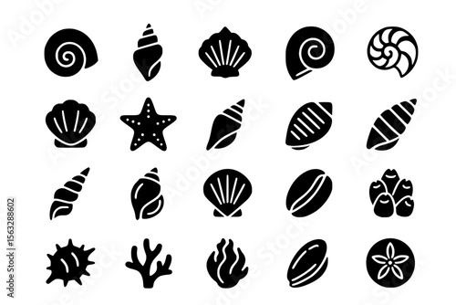 Seashells Icons Vector Set - Marine Ocean Beach Shell Collection Silhouette Pack
