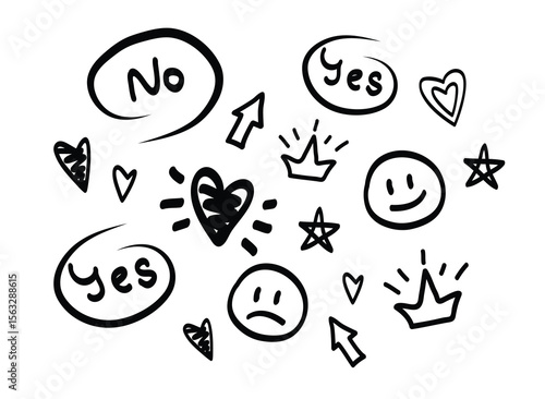 Doodle art features yes no hearts crowns stars happy  sad faces and arrows in black ink on a white background