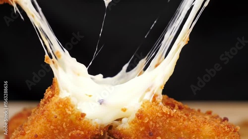 Golden Perfection: A Close-Up of Crispy Fried Mozzarella Sticks Being Pulled Apart to Reveal a Delicious, Cheesy Center with Mouthwatering Stringy Cheese in Slow Motion, Culinary Delight