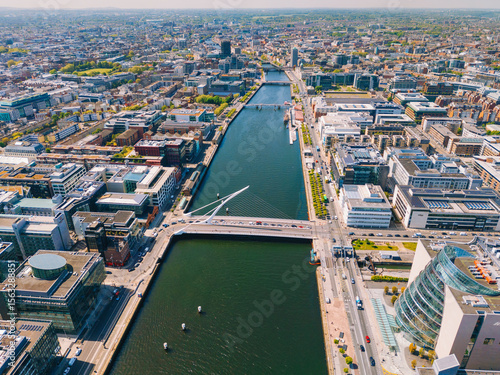 Aerial view of Dublin City, Ireland, featuring the majestic Liffey River