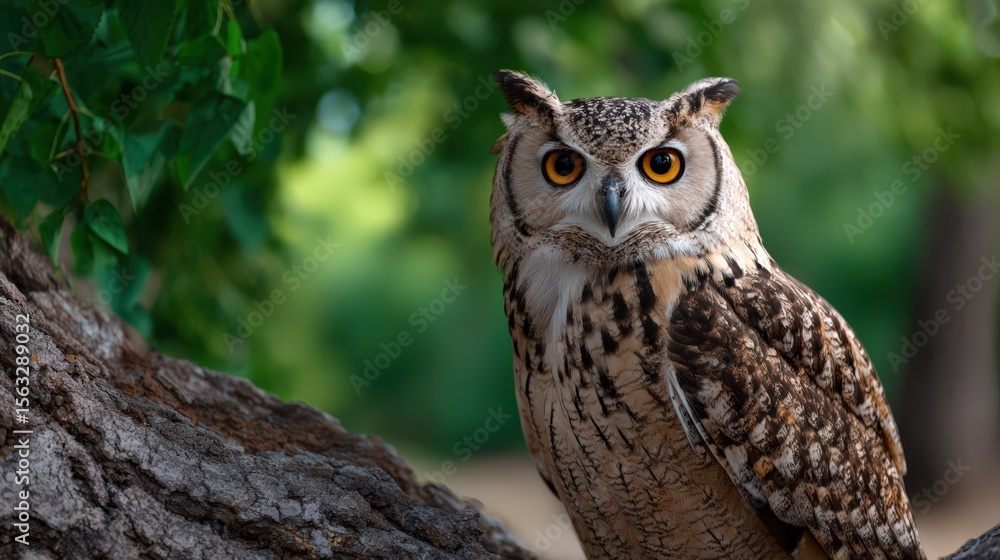 Fototapeta premium Alert Owl Perched on Tree Trunk in Forest Setting