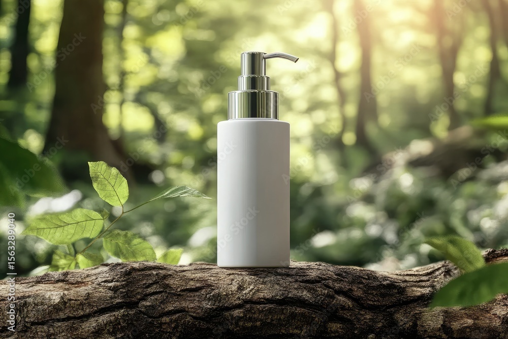 White Bottle with Silver Pump on Rustic Log in Forest Setting, Natural Light White Bottle with Silver Pump on Rustic Log in Forest Setting, Natural Light