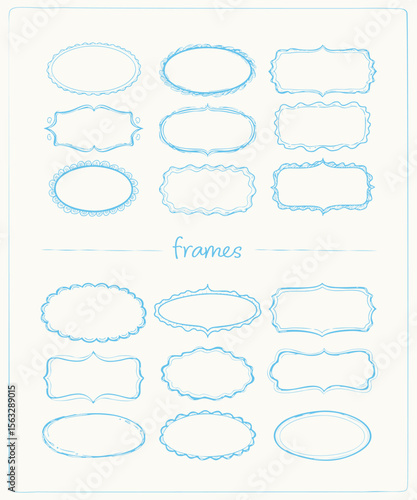 Elegant Hand-drawn Label Frame Set – Blue Vector Curved Borders (Vol.3)