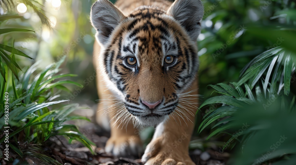 Fototapeta premium Curious Tiger Cub Exploring Jungle Path