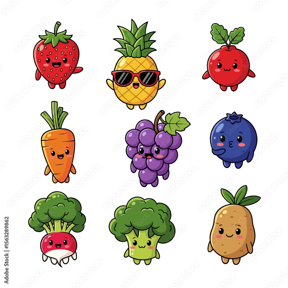 Fototapeta premium Cute Kawaii Fruits and Vegetables