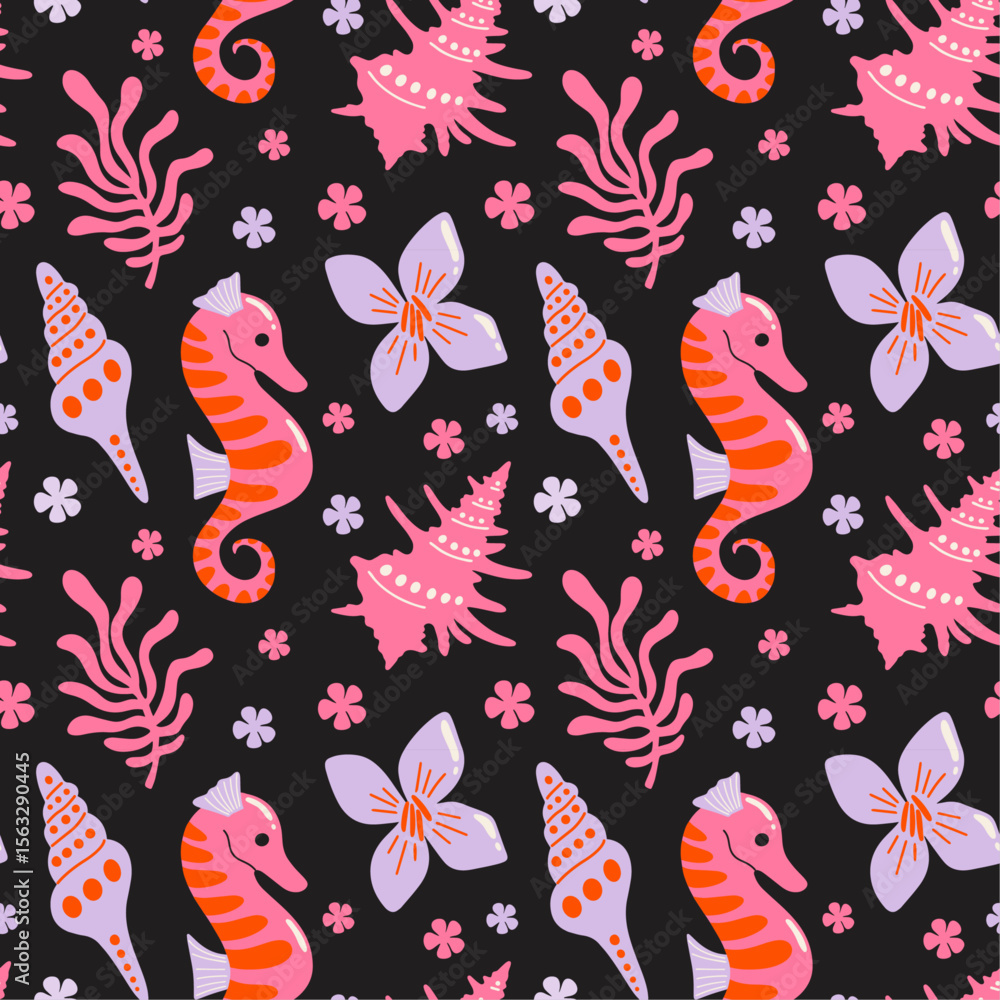 Obraz premium Tropical aesthetic, summer vacation vibes, holiday themed seamless vector pattern with cute groovy funky cartoon illustration of sea, ocean beach objects, shells, exotic flowers, coral reef, seahorse