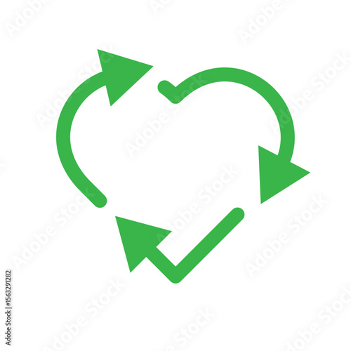 Recycle green heart shape icon. Recycling symbol. Eco friendly, organic waste, arrow sign. Reuse, reduce. Editable stroke. Vector illustration. Flat design.