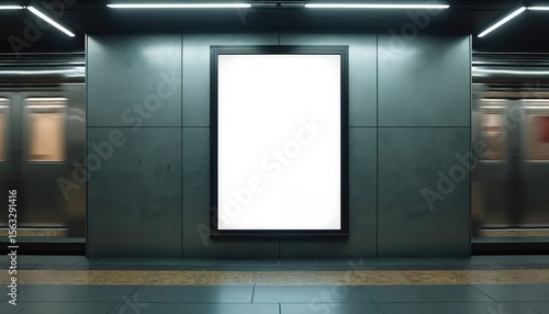 Fototapeta Naklejka Na Ścianę i Meble -  Blank movie poster mockup in modern subway station setting. Empty advertising space for film design or urban advertisement in metro. Subway train passes, motion blur effect.