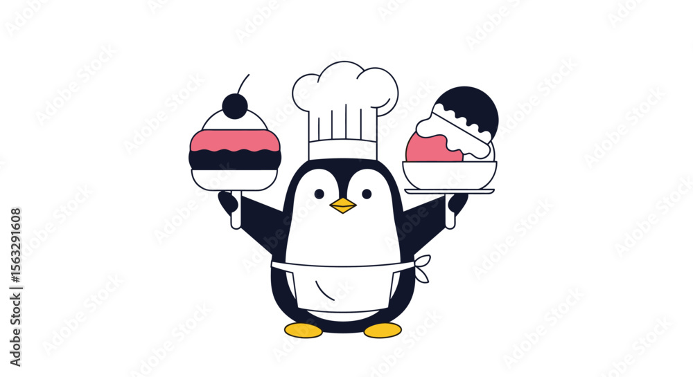 Fototapeta premium Adorable penguin chef presents delicious desserts with whimsical charm and sweet delights
