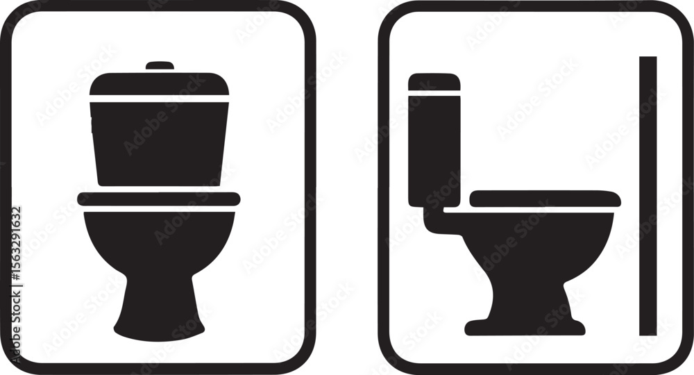 Two stylized icons, on white backgrounds with rounded corners, represent toilets. One toilet faces forward, the other faces sideways with a grab bar to its right. Two stylized icons, on white backgrounds with rounded corners, represent toilets. One toilet faces forward, the other faces sideways with a grab bar to its right.