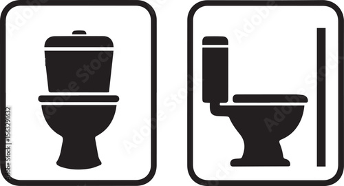 Two stylized icons, on white backgrounds with rounded corners, represent toilets. One toilet faces forward, the other faces sideways with a grab bar to its right.