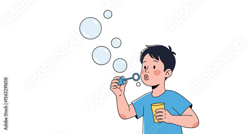 Young boy joyfully blowing bubbles outdoors on a sunny day