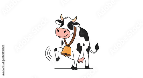Cute cartoon cow wearing a large bell and ringing it joyfully