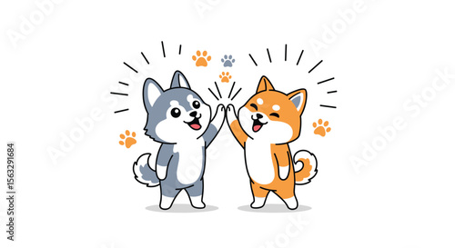 Two adorable dogs celebrate success with a high five and paw prints
