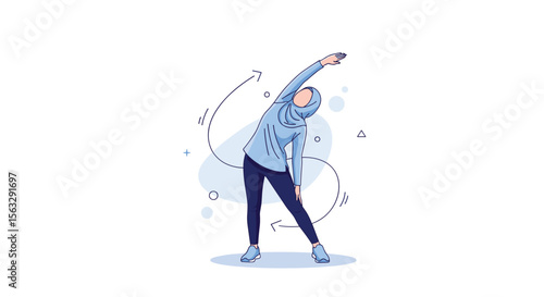 Woman in hijab performing side bend stretch exercise for physical fitness and body flexibility
