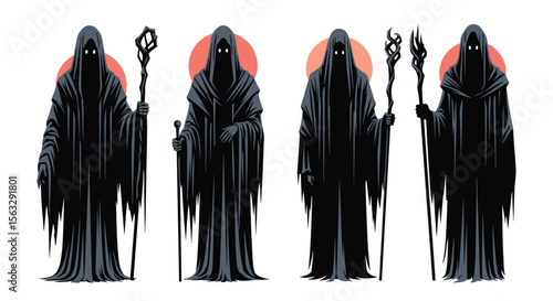 Eerie hooded figures with glowing eyes and staffs casting long shadows on a white background