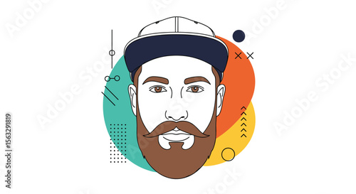 Modern geometric graphic art of a bearded man with cap and abstract shapes