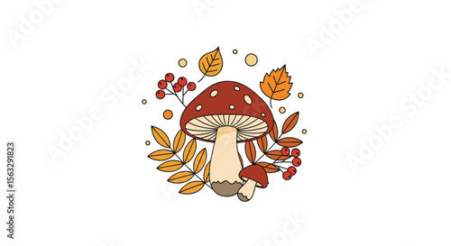 Enchanting autumn mushroom and foliage design with delicate berries and scattered leaves