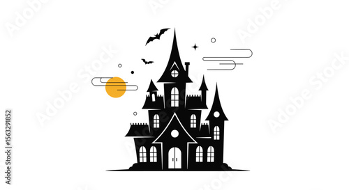 Spooky haunted mansion on halloween night under a full moon with flying bats and clouds