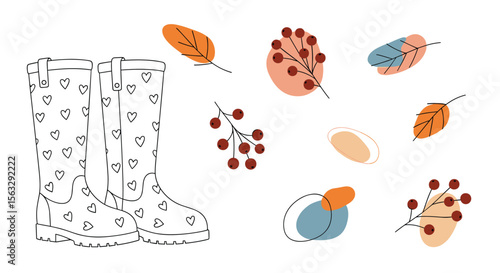 Adorable autumn rain boots for little explorers with cute falling leaf accents and berry sprigs