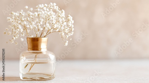 Minimalist wildflower arrangement in a vintage glass bottle on neutral background, soft pastel tones, perfect for wellness or editorial, with space for text.
