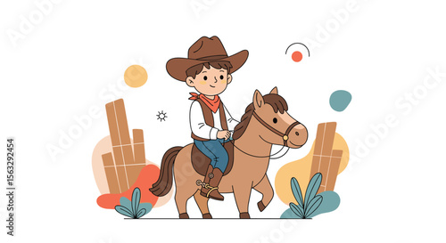 Adventures of a young cowboy riding a horse through a vibrant western town landscape