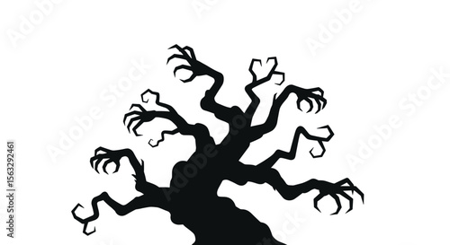 Spooky silhouette of a twisted haunted tree with claw-like branches reaching out