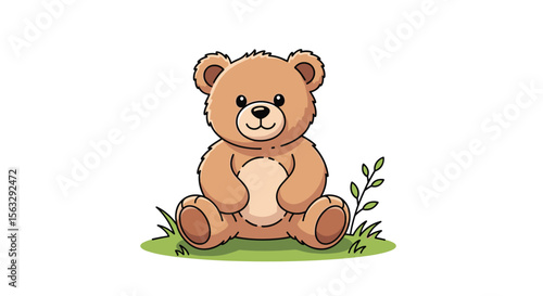 Adorable sitting teddy bear in lush green grass with small plant branches