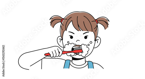 A young child with pigtails vigorously brushes their teeth with a red toothbrush creating a lot of foam