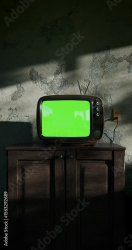 Retro TV turns on with noise in a dim room. Textured walls and trees cast shadows on the cabinet. Chroma key template. The last 120 frames loop swaying tree shadows. Vertical CGI clip