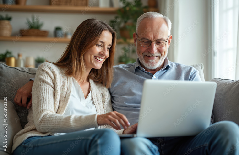 Happy senior couple at home using laptop for vacation planning. Man and woman, reading online reviews, booking travel, searching information. Smiling wife and husband on sofa together. Happy senior couple at home using laptop for vacation planning. Man and woman, reading online reviews, booking travel, searching information. Smiling wife and husband on sofa together.