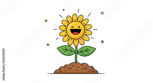 Cheerful blooming sunflower growing happily in fertile soil sunlight