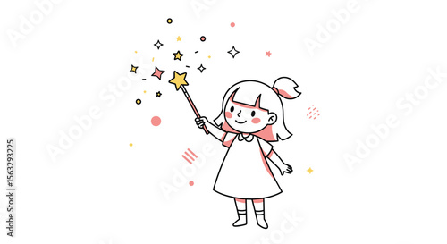 A young girl holding a magic wand conjuring sparkling stars and twinkling lights for a whimsical celebration