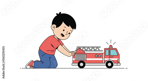 Young boy plays with a toy fire truck on the floor indoors engaging in imaginative play