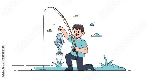 Young boy joyfully catches a fish while fishing outdoors in summer