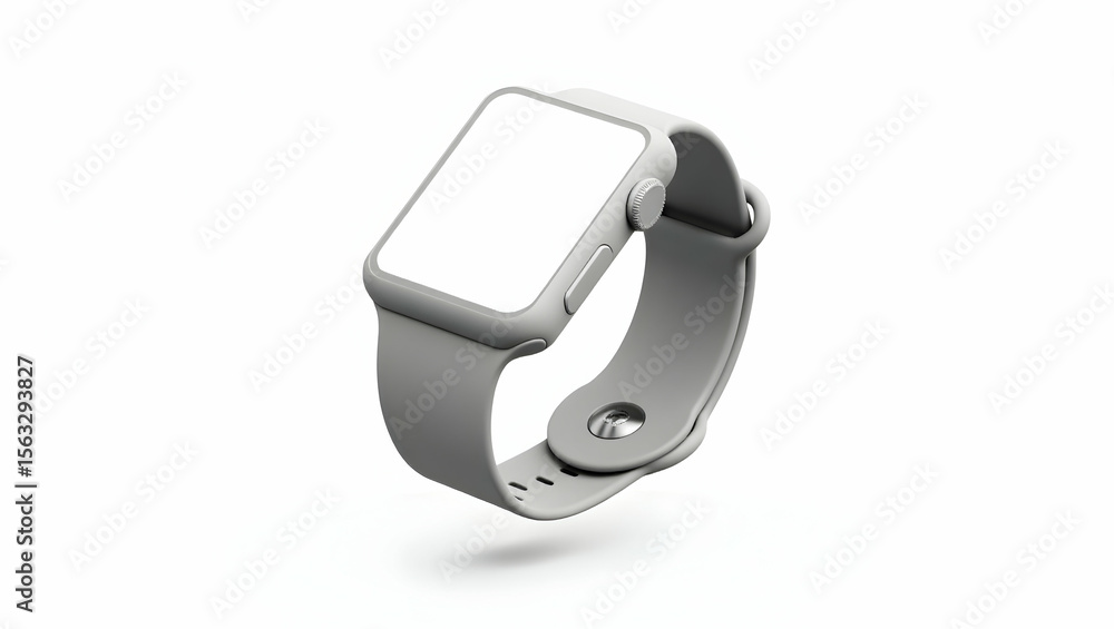Blank white screen Smartwatch gently rotating mid-air with screen facing viewer, wristband forming a partial spiral Blank white screen Smartwatch gently rotating mid-air with screen facing viewer, wristband forming a partial spiral