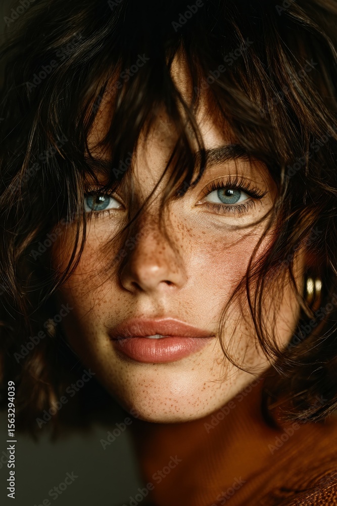 Close-up Portrait of Woman with Freckles and Blue Eyes: Natural Beauty, Direct Gaze, Soft Lighting, Youthful Appearance Close-up Portrait of Woman with Freckles and Blue Eyes: Natural Beauty, Direct Gaze, Soft Lighting, Youthful Appearance