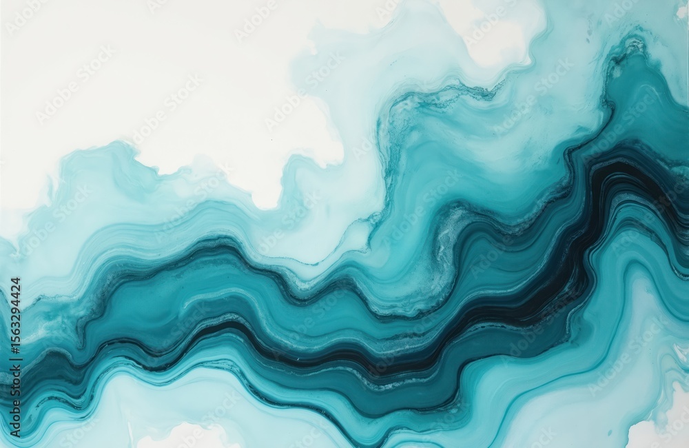 Obraz premium Abstract marble art in teal and white colors. Fluid watercolor painting with flowing ink effect. Agate stone pattern with gradient shades for luxury design, wallpaper or invitation backgrounds.