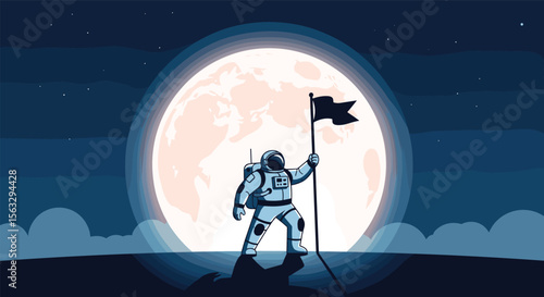 Astronaut plants flag on moon with vast universe behind a giant moonlit sky